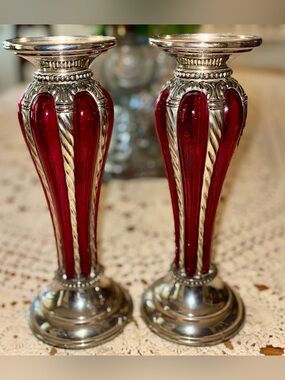 Vintage MCM Bubble Glass Decorative Red Glass and Silver Candle Holders - Pair